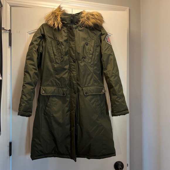 Madden Girl Women's Faux Fur Trim Hooded‎ Parka Jacket with Pockets Size S Green - Picture 2 of 9